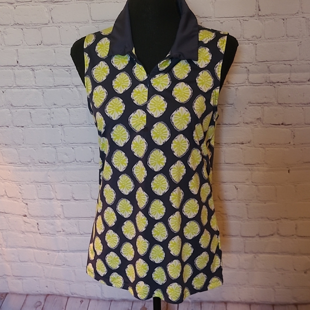 Tommy Bahama Womens Golf Medium Navy Green Printed Sleeveless Perfomance Shirt